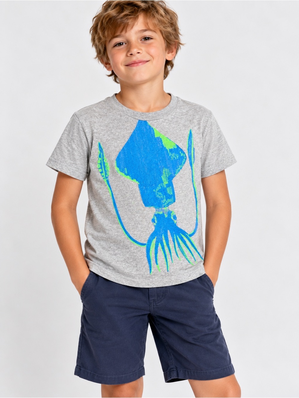 Mini Boden Boys 5-6Y Gray Squid Graphic Cotton Crew Neck Short Sleeve Tee School